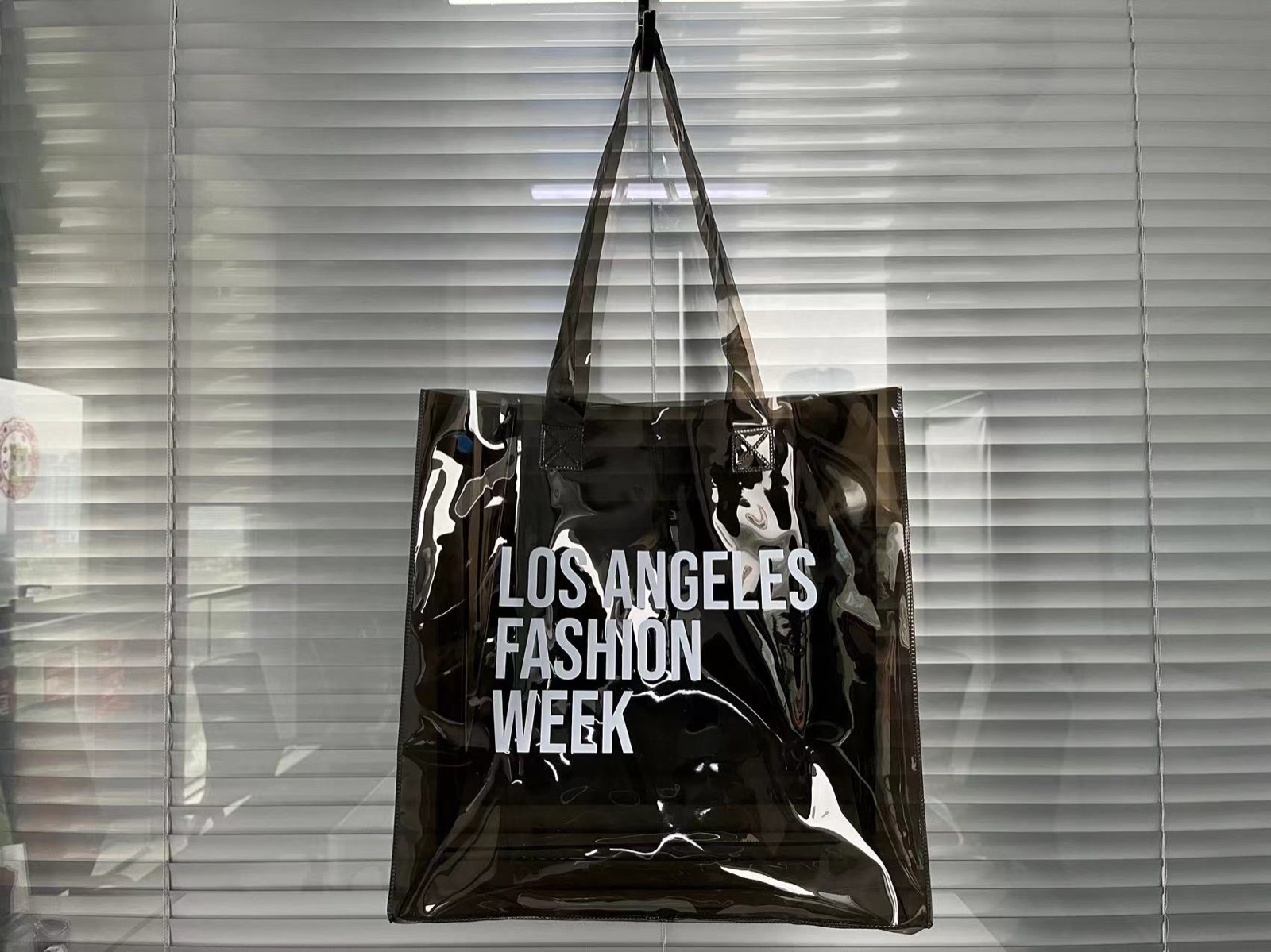 Transparent black PVC tote bag with white printed logo