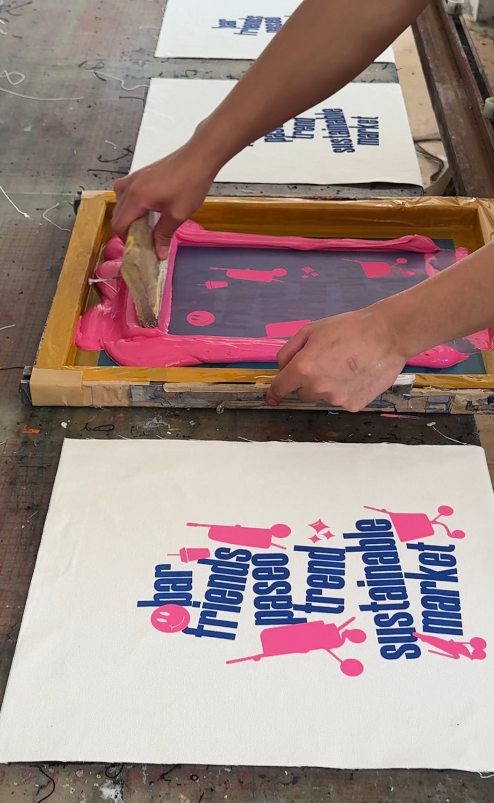 Pink screen printing layer for a custom tote bag logo