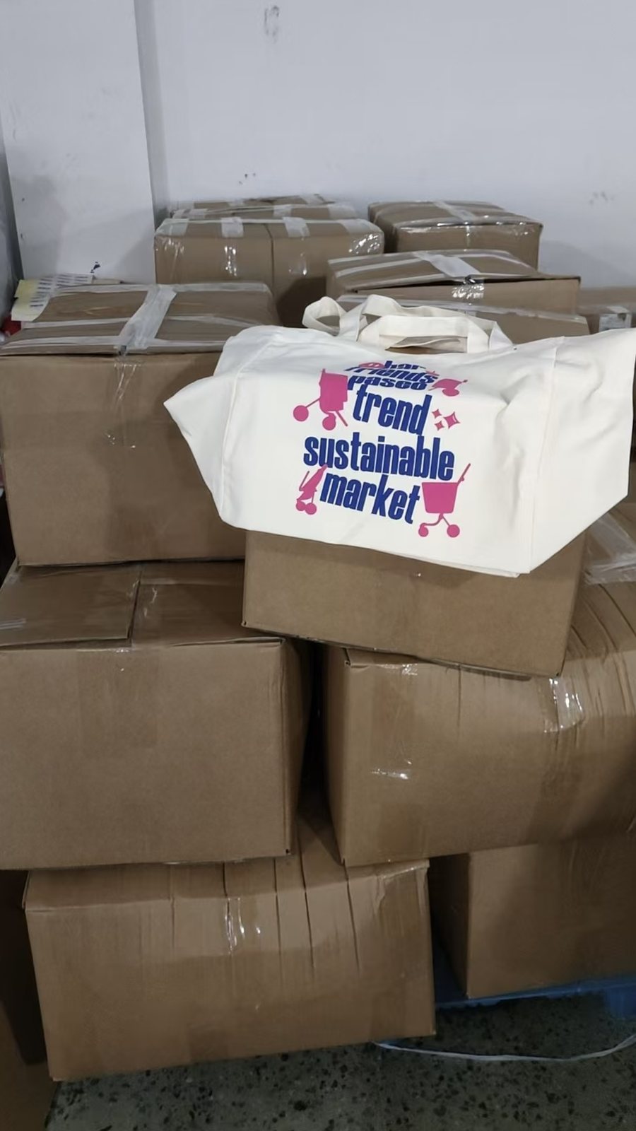 Finished custom tote bag order packed with cartons